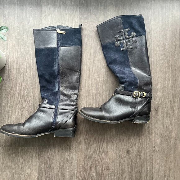 Tory Burch Navy Blue Leather and Suede Logo Boots - Picture 2 of 9